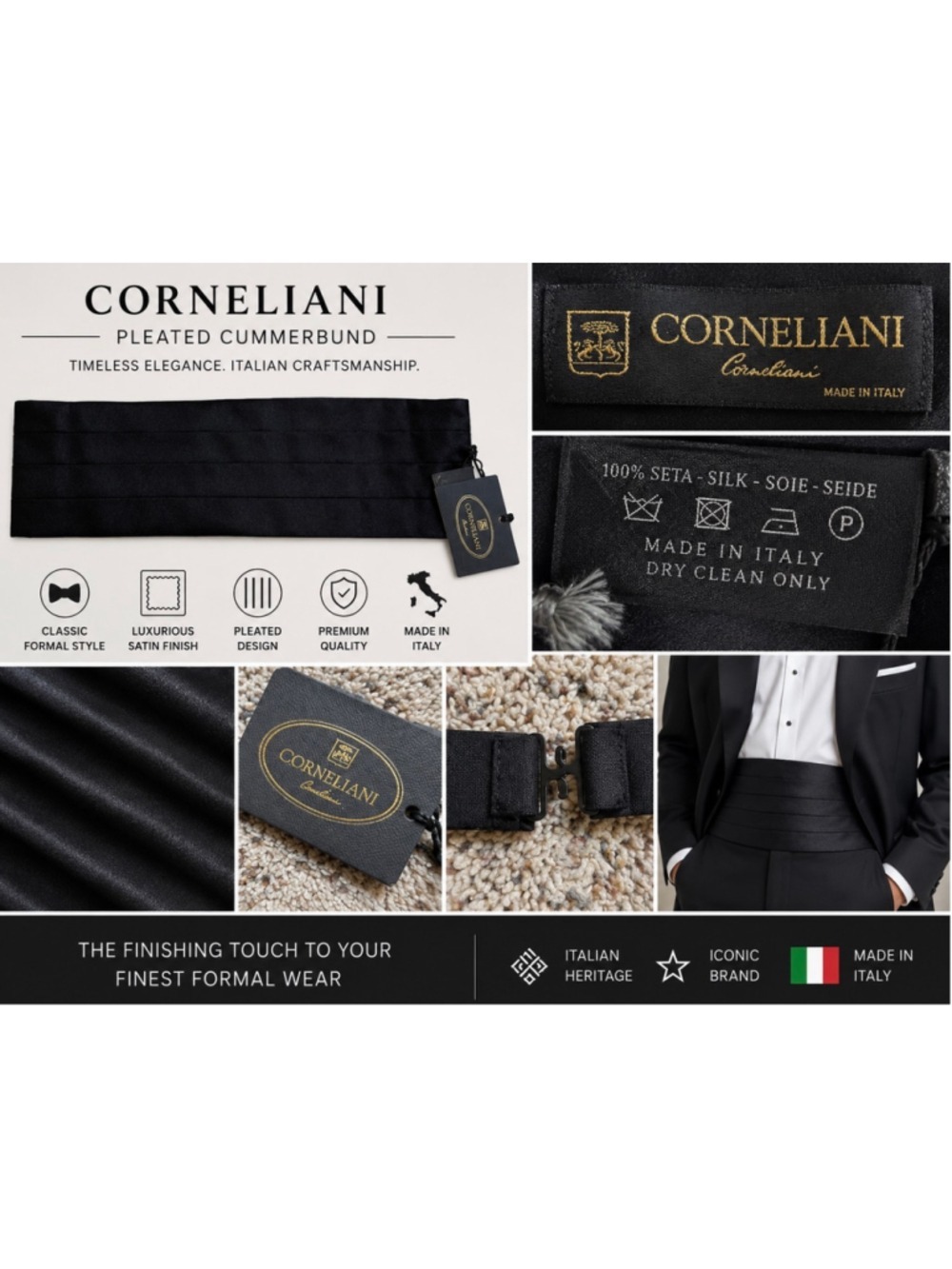 Men's Corneliani Silk Pleated Cummerbund, One Size, Black New Italian luxury